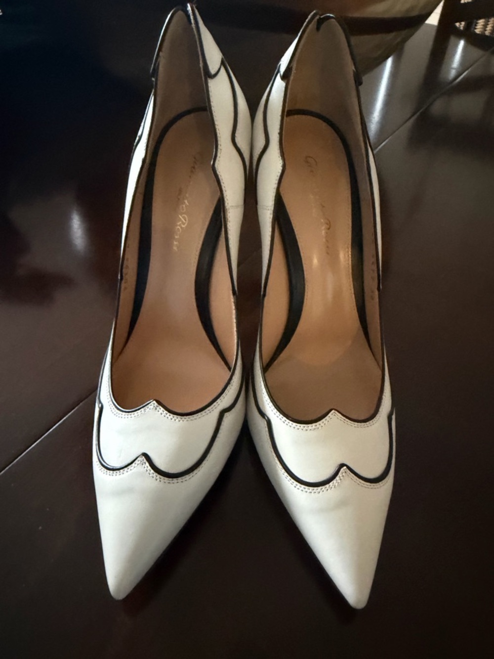 Gianvito Rossi White Scalloped Pointed-Toe Pumps with Black Trim